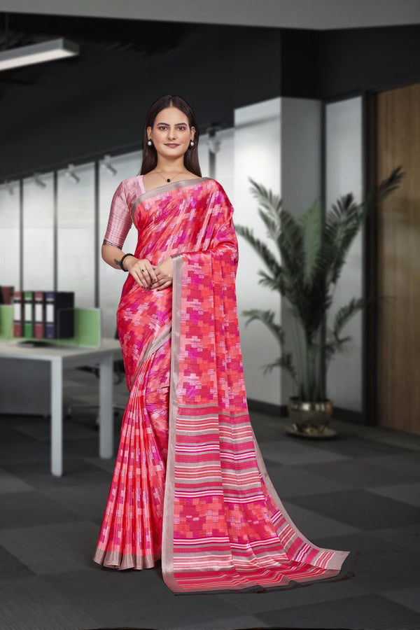 Pink Crepe School Uniform Saree for Teachers - FeministaCrepe