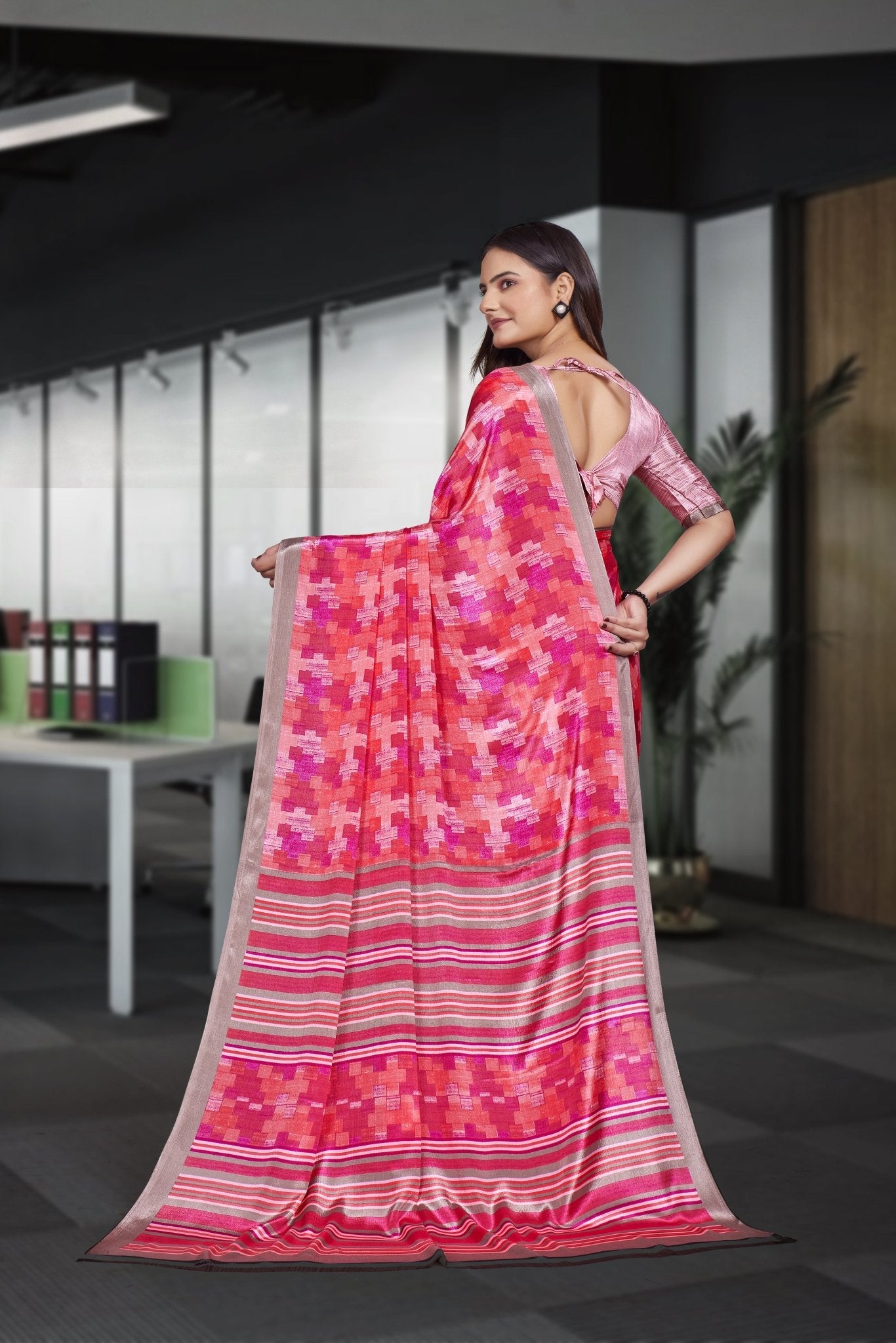 Pink Crepe School Uniform Saree for Teachers - FeministaCrepe