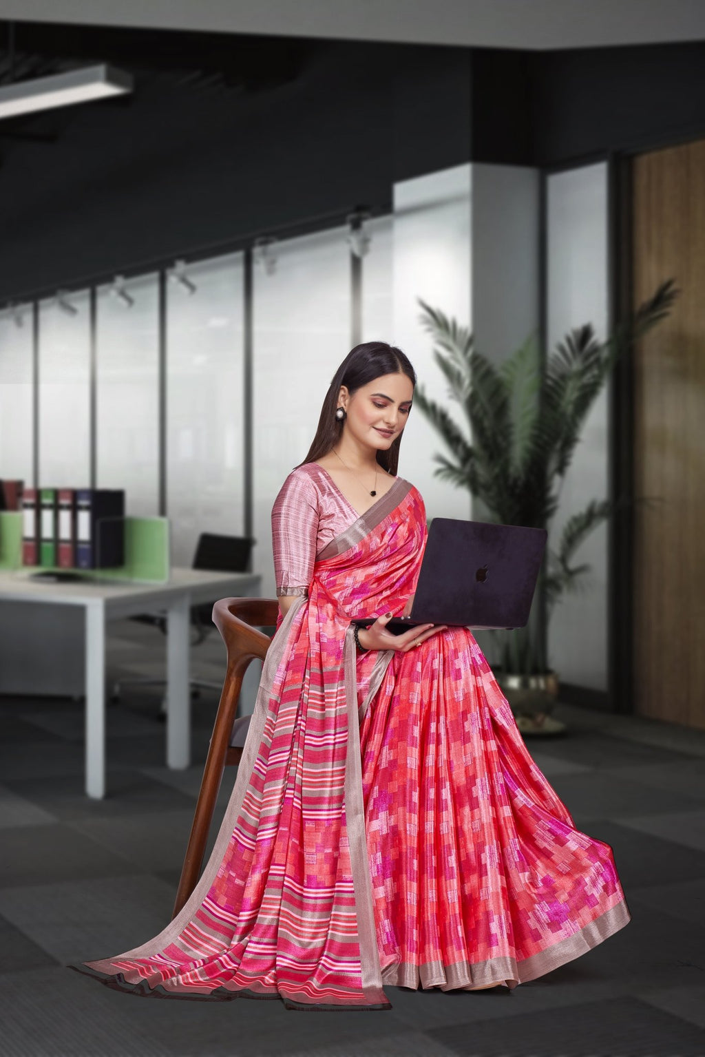 Pink Crepe School Uniform Saree for Teachers - FeministaCrepe