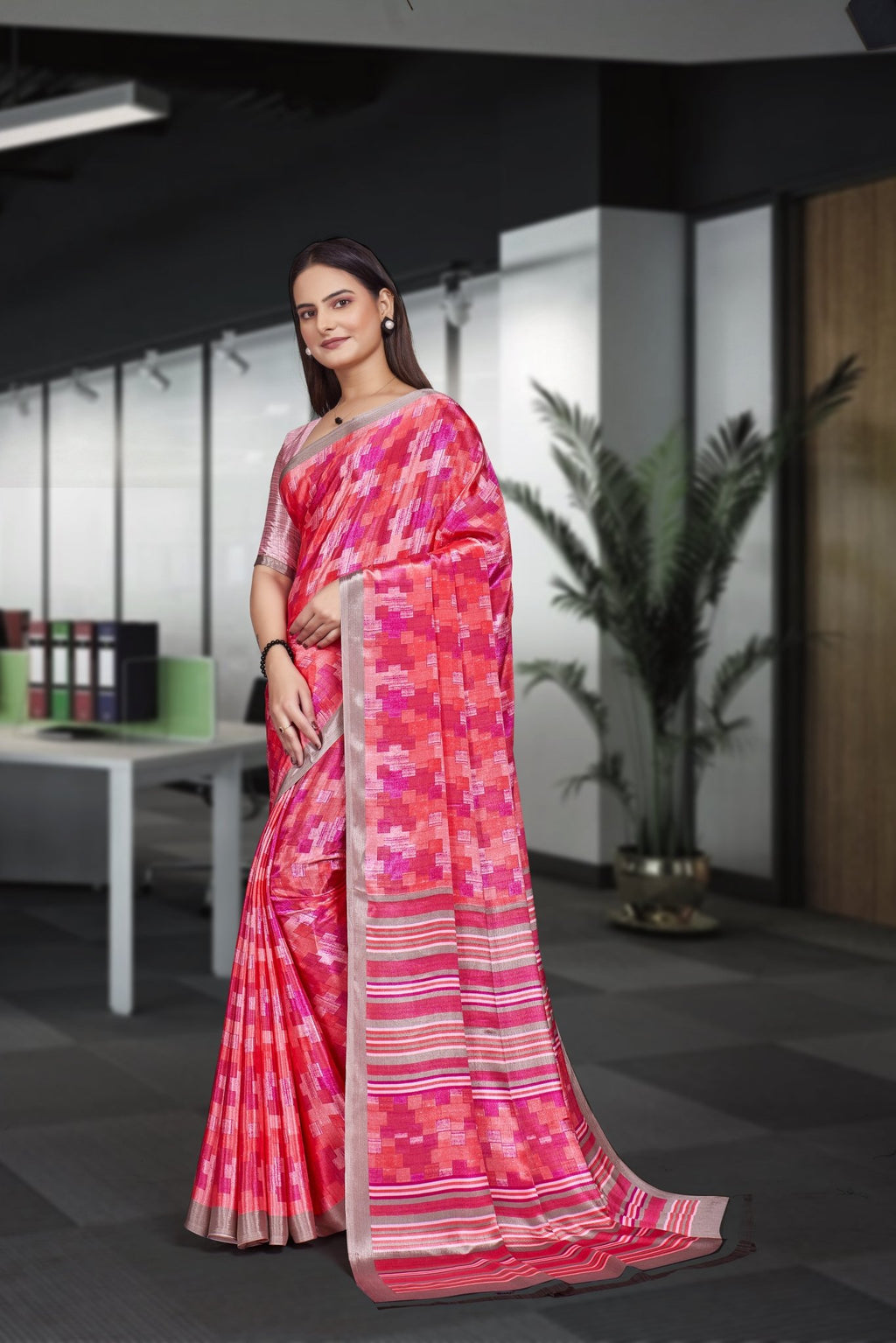 Pink Crepe School Uniform Saree for Teachers - FeministaCrepe