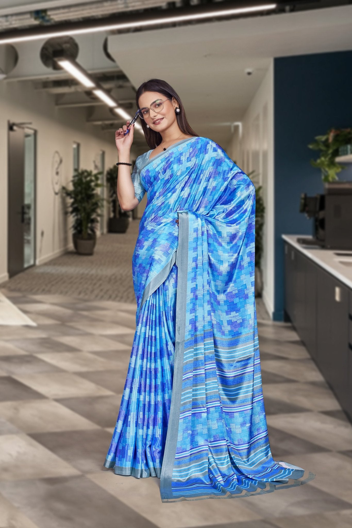 Blue Crepe Work Wear Saree for Teachers - FeministaCrepe