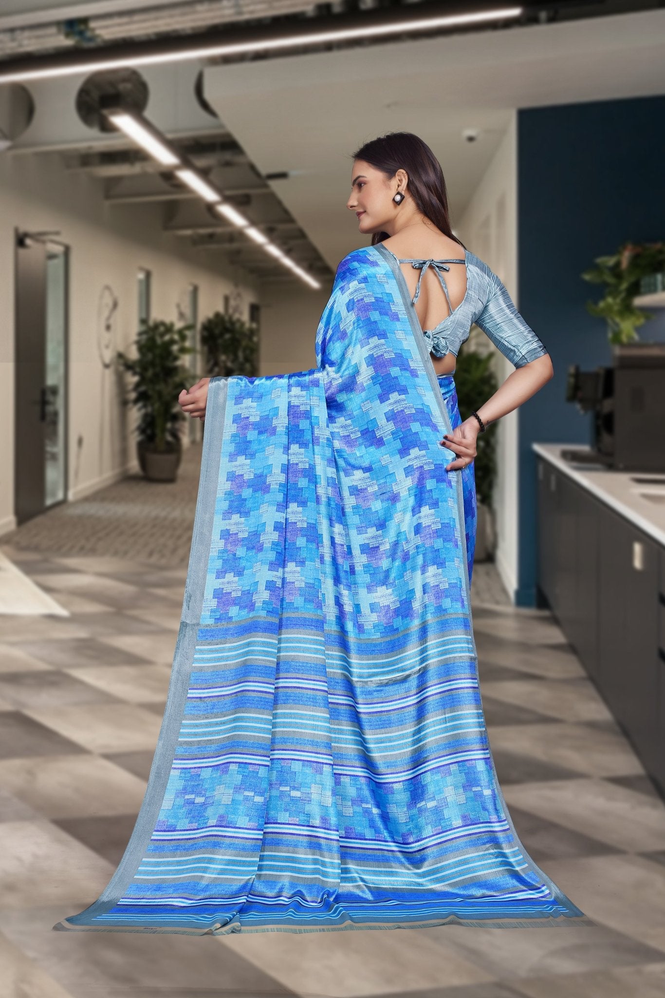 Blue Crepe Work Wear Saree for Teachers - FeministaCrepe