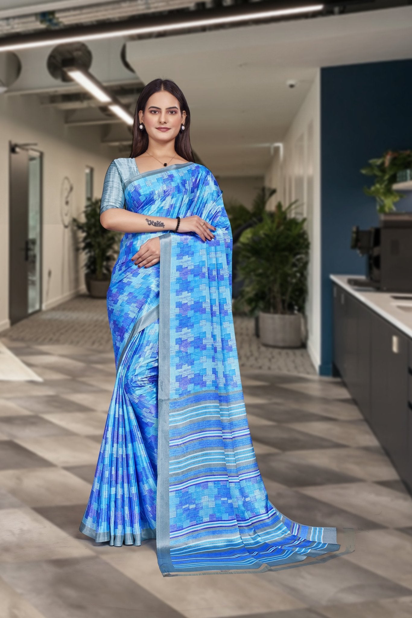 Blue Crepe Work Wear Saree for Teachers - FeministaCrepe