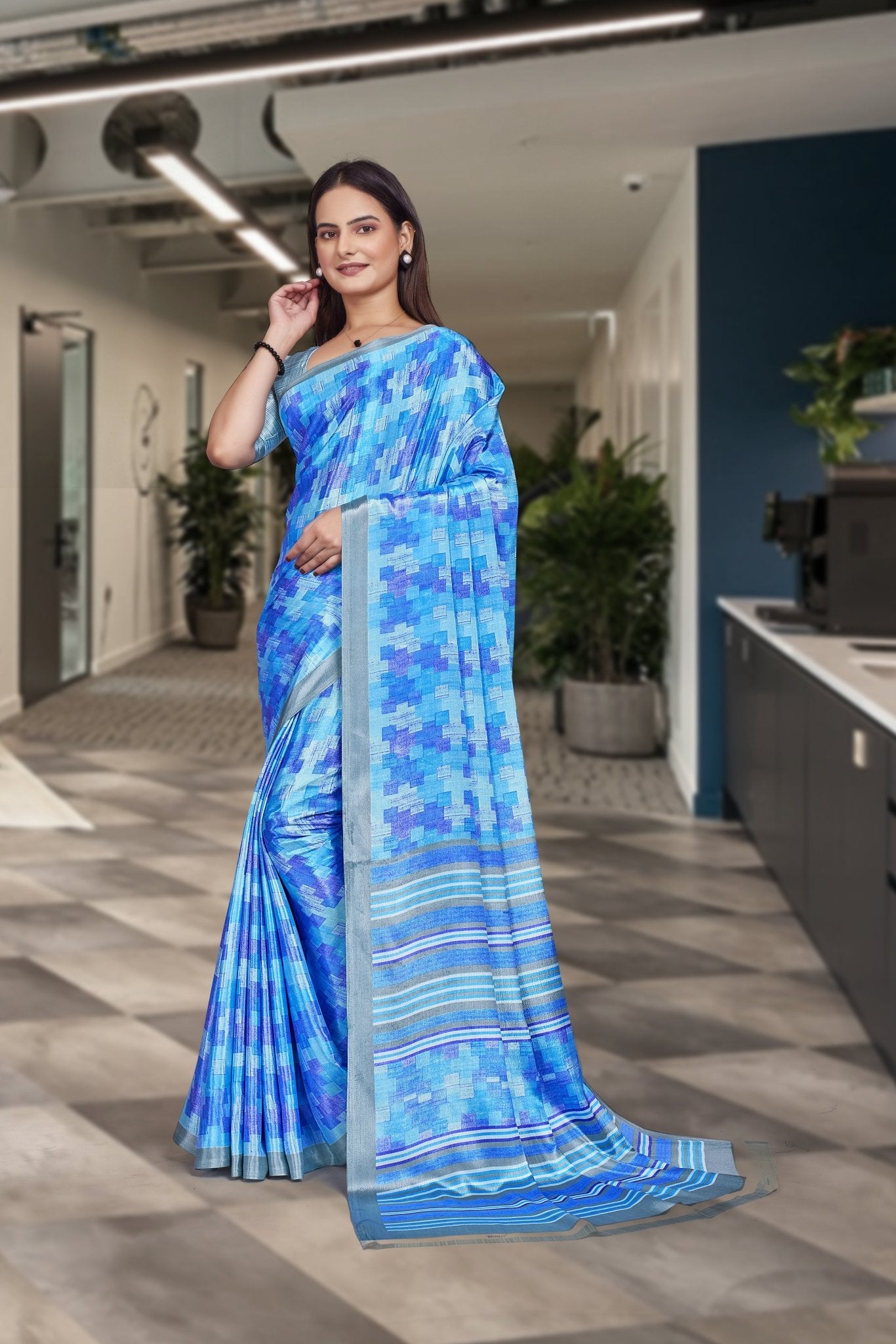 Blue Crepe Work Wear Saree for Teachers - FeministaCrepe