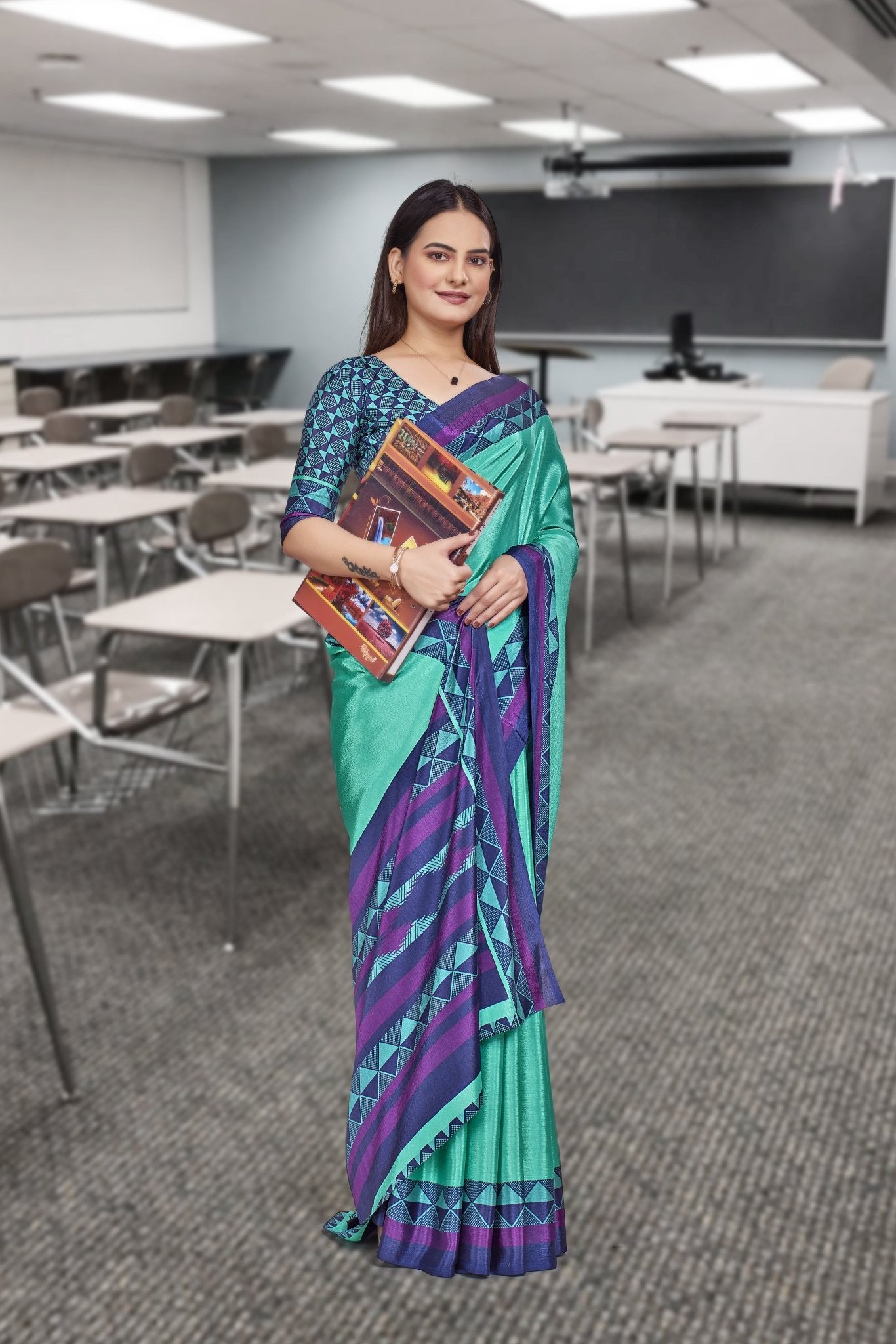 Blue Crepe Front Office Uniform Saree - FeministaCrepe