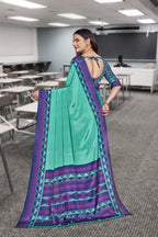 Blue Crepe Front Office Uniform Saree - FeministaCrepe