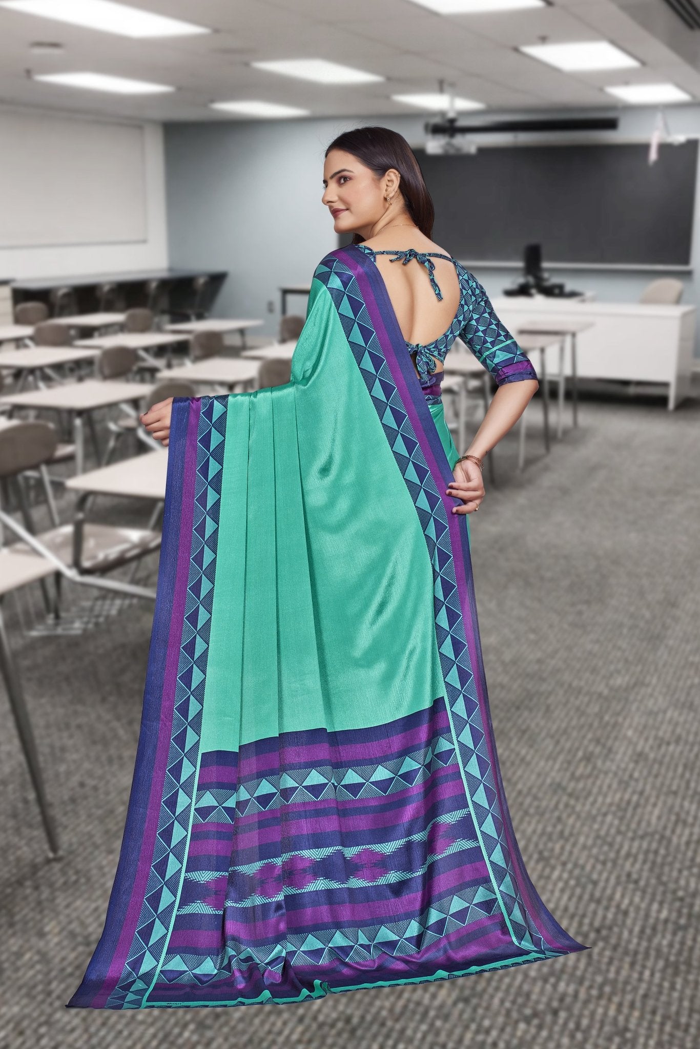 Blue Crepe Front Office Uniform Saree - FeministaCrepe
