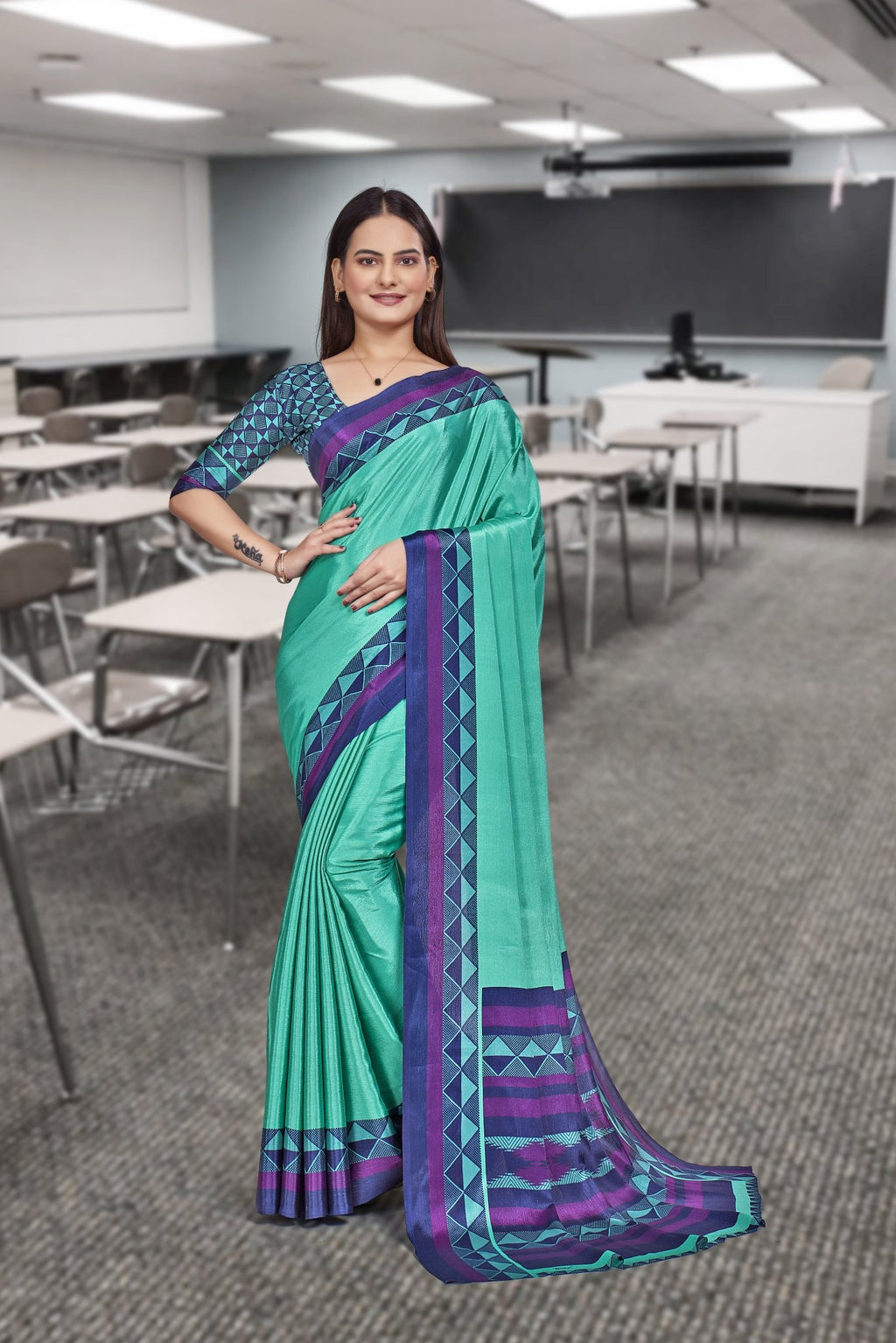Blue Crepe Front Office Uniform Saree - FeministaCrepe
