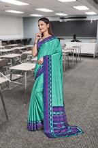 Blue Crepe Front Office Uniform Saree - FeministaCrepe