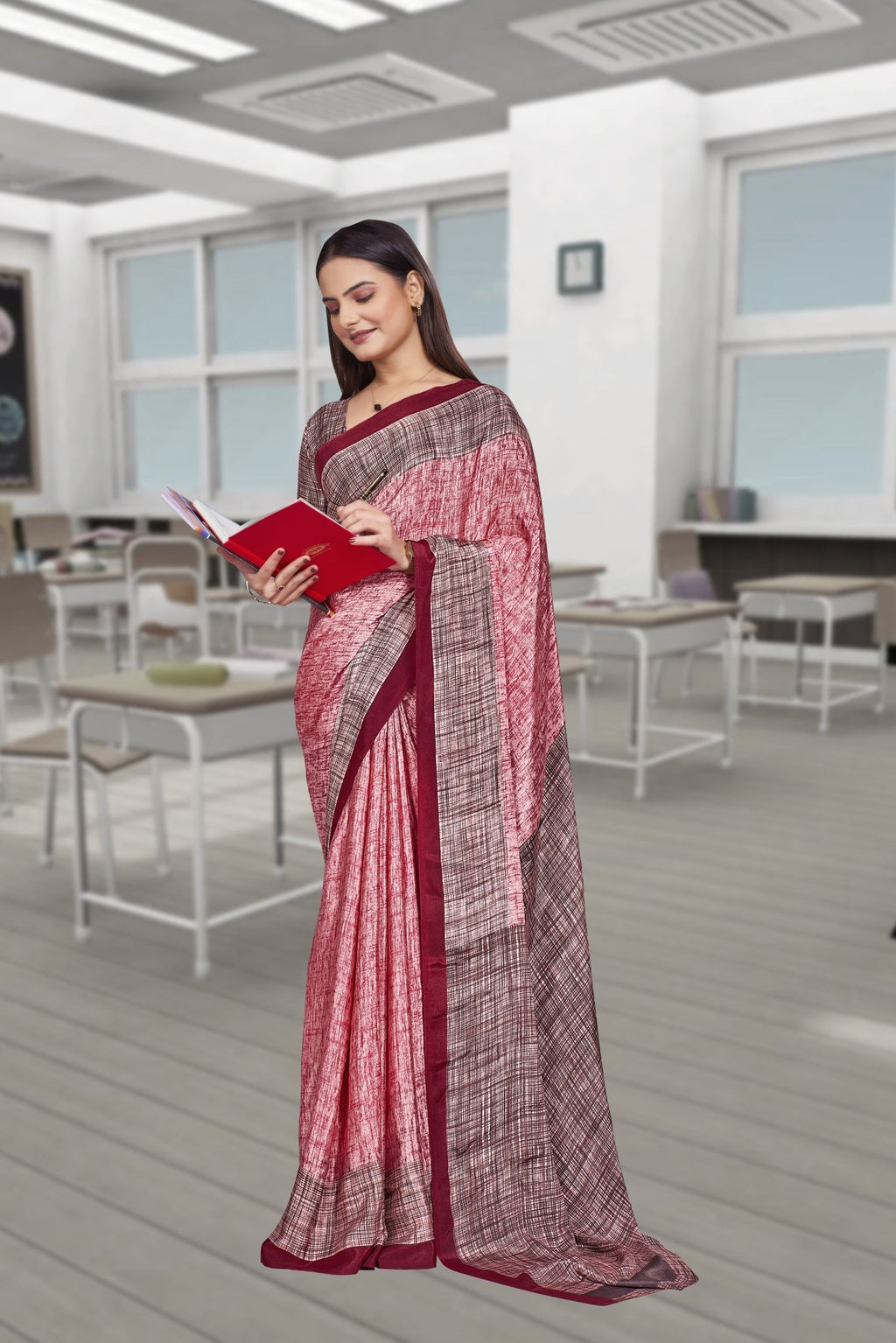 Pink Crepe Professional Teacher Saree - FeministaCrepe