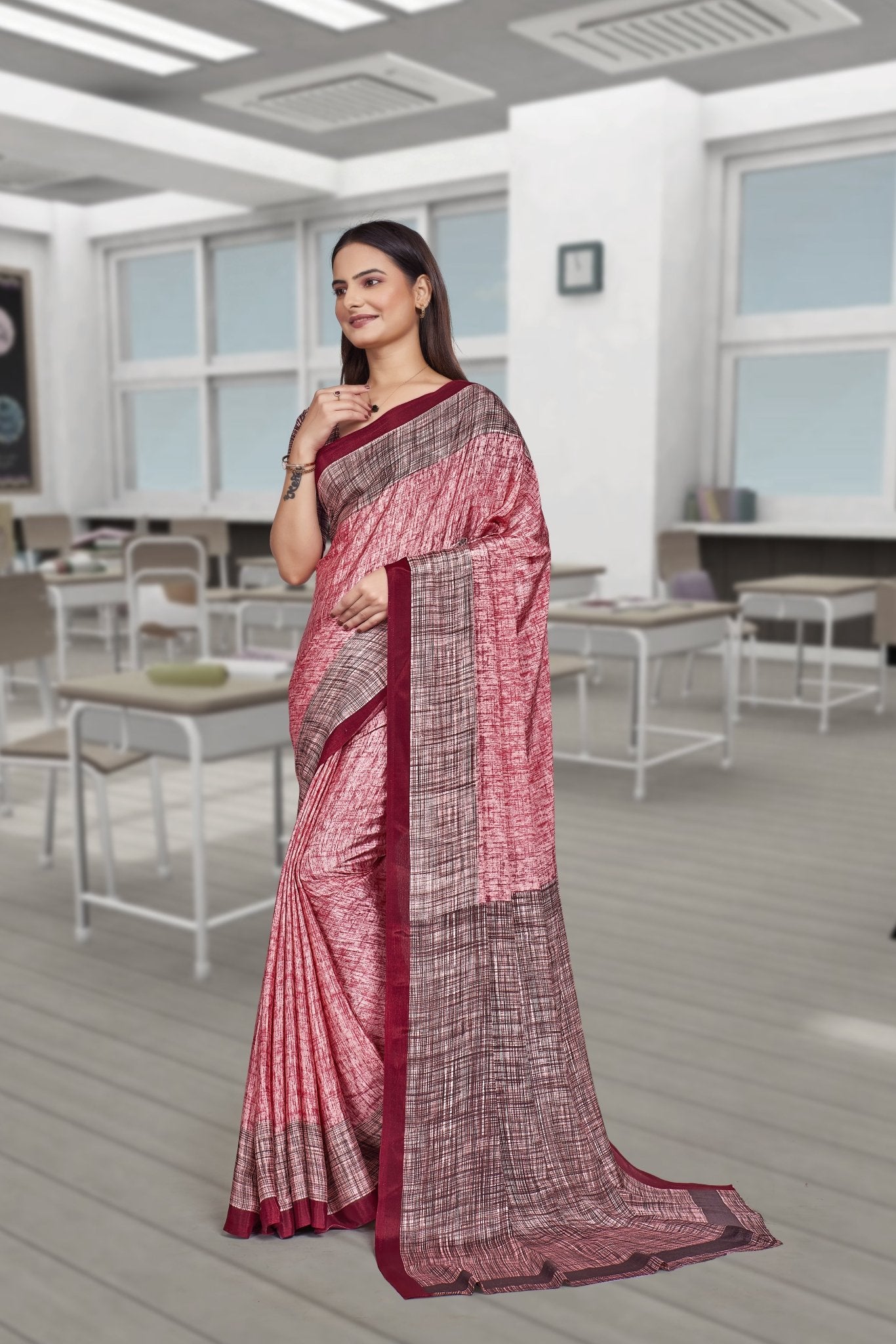Pink Crepe Professional Teacher Saree - FeministaCrepe