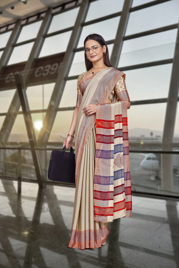 Cream Crepe Professional Teacher Saree - FeministaCrepe