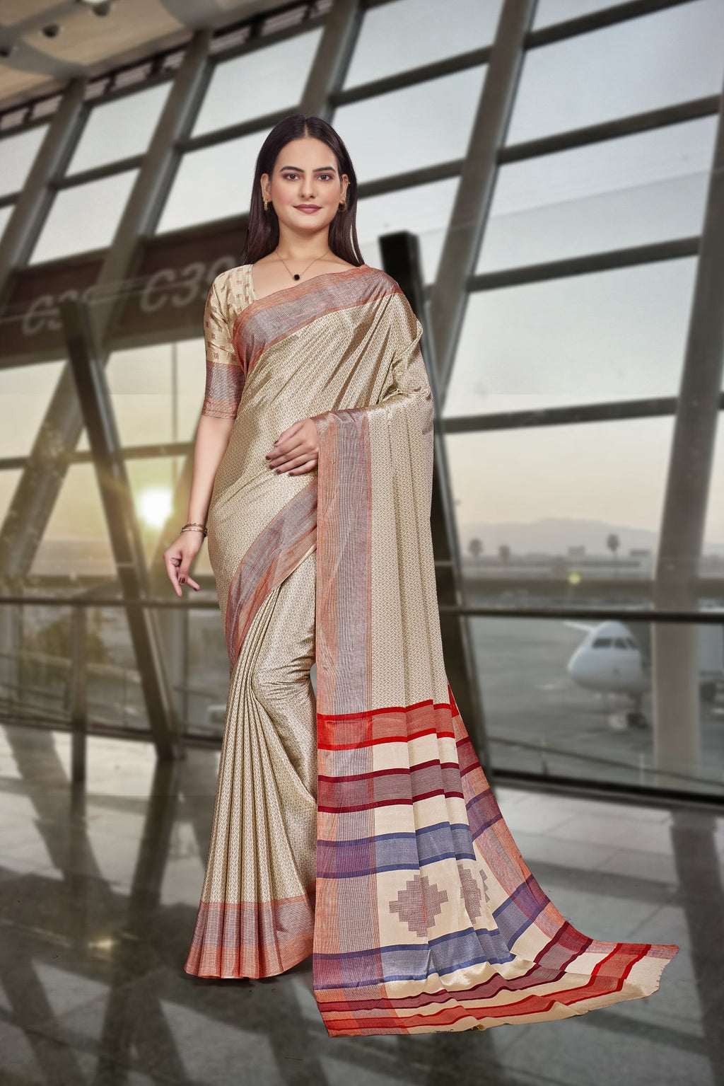 Cream Crepe Professional Teacher Saree - FeministaCrepe