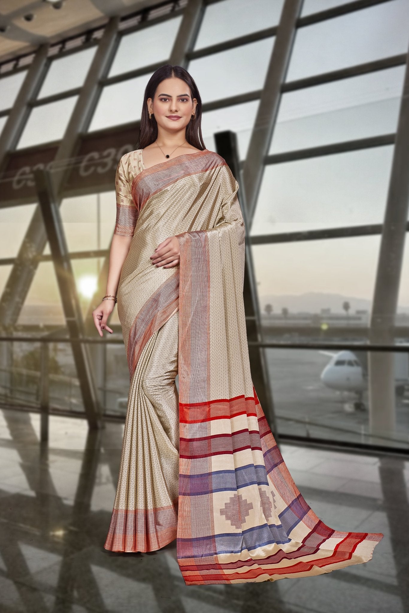 Cream Crepe Professional Teacher Saree - FeministaCrepe