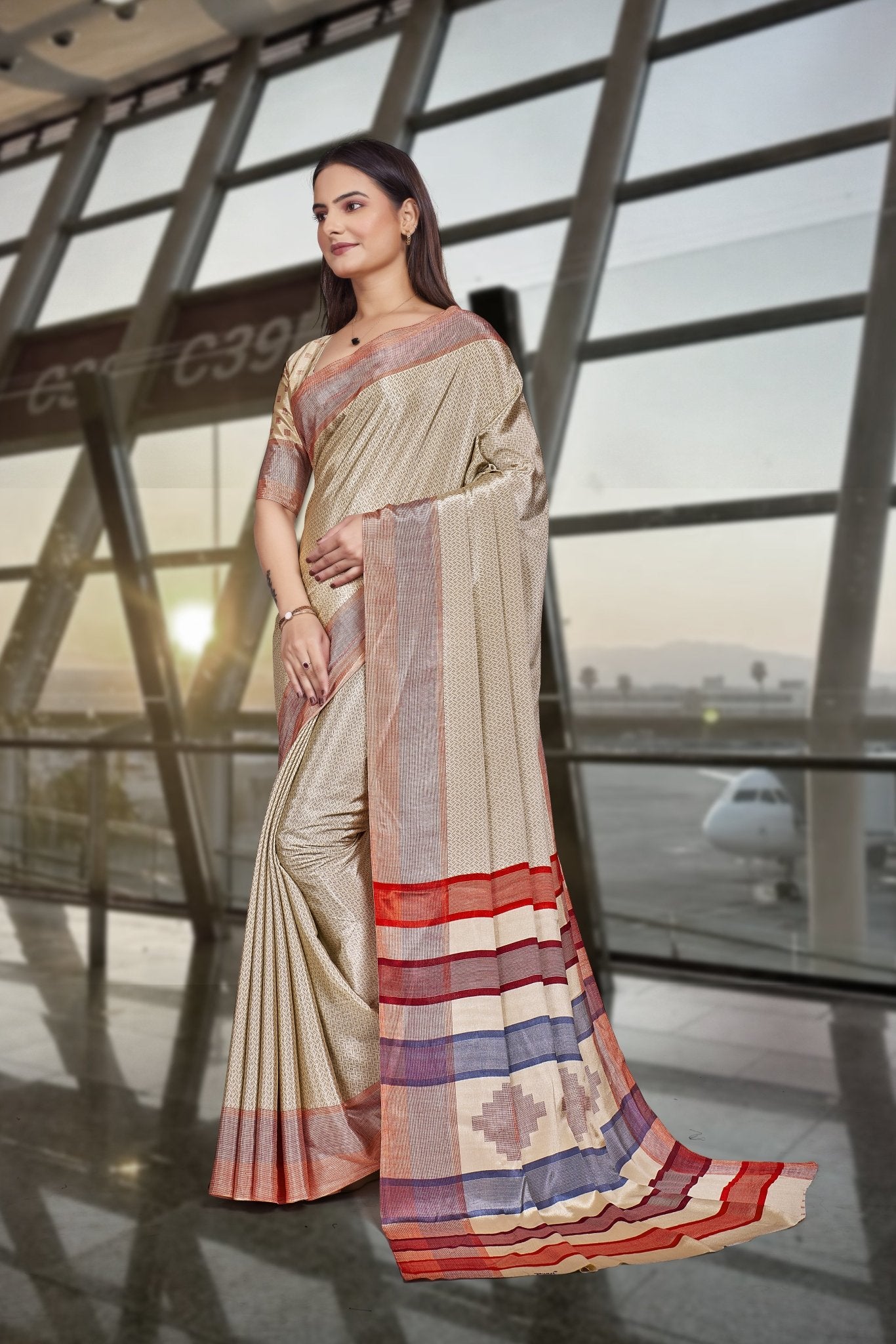 Cream Crepe Professional Teacher Saree - FeministaCrepe