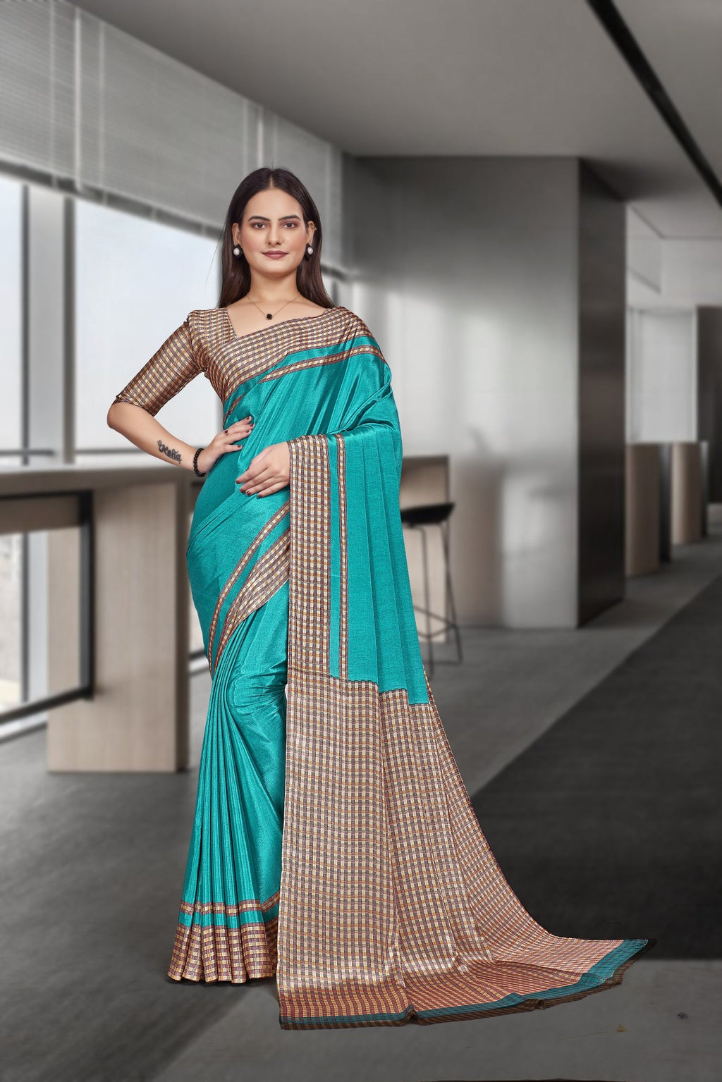 Blue Crepe Workplace Formal Saree - FeministaCrepe