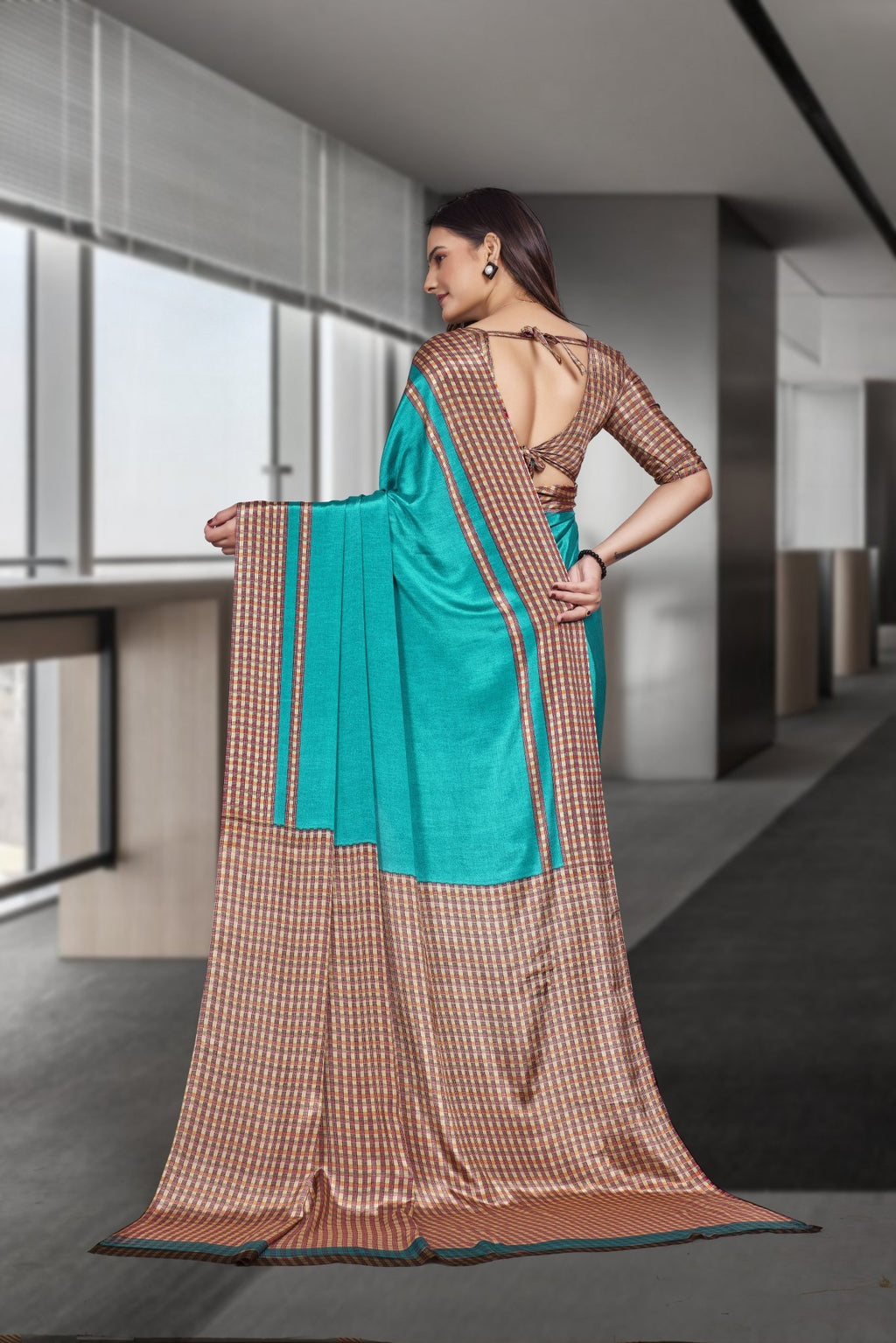Blue Crepe Workplace Formal Saree - FeministaCrepe