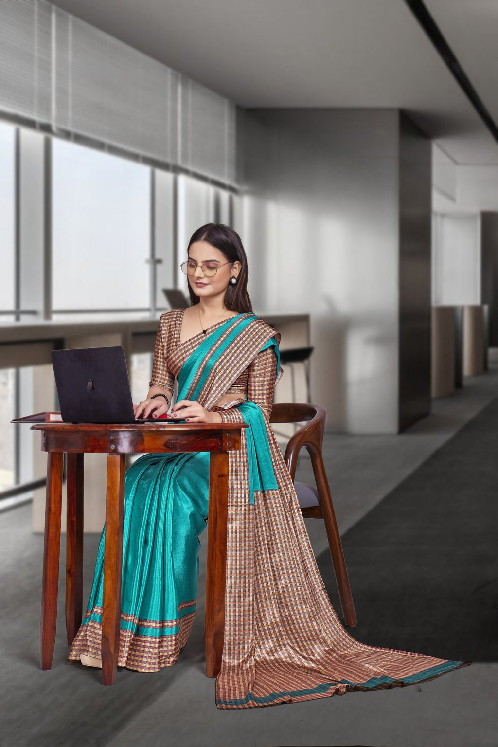Blue Crepe Workplace Formal Saree - FeministaCrepe