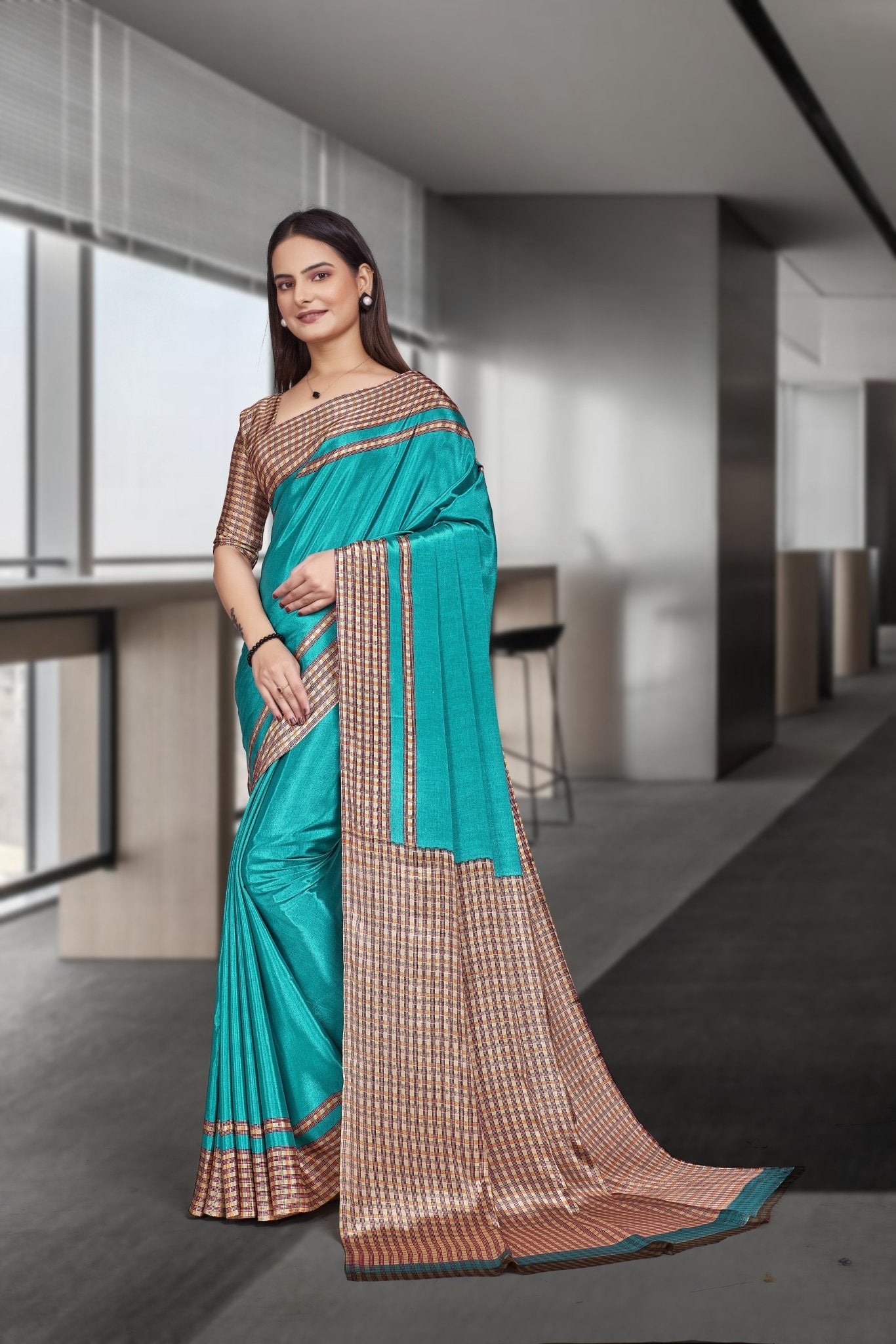 Blue Crepe Workplace Formal Saree - FeministaCrepe
