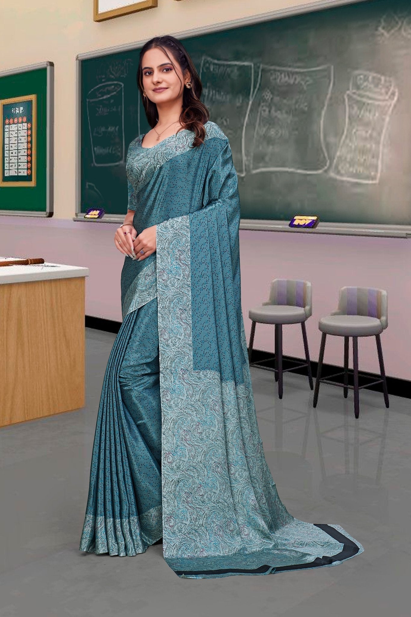 Blue Crepe School Uniform Saree for Teachers - FeministaCrepe