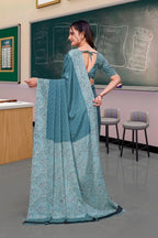 Blue Crepe School Uniform Saree for Teachers - FeministaCrepe