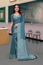 Blue Crepe School Uniform Saree for Teachers - FeministaCrepe