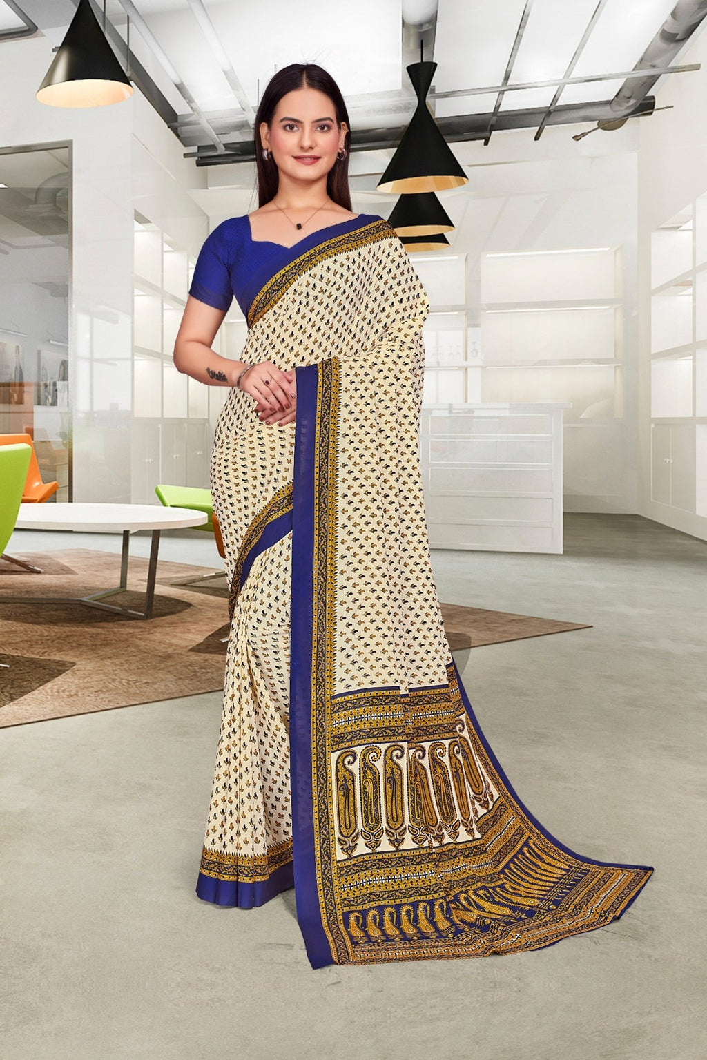 Beige Crepe Professional Office Saree - FeministaCrepe
