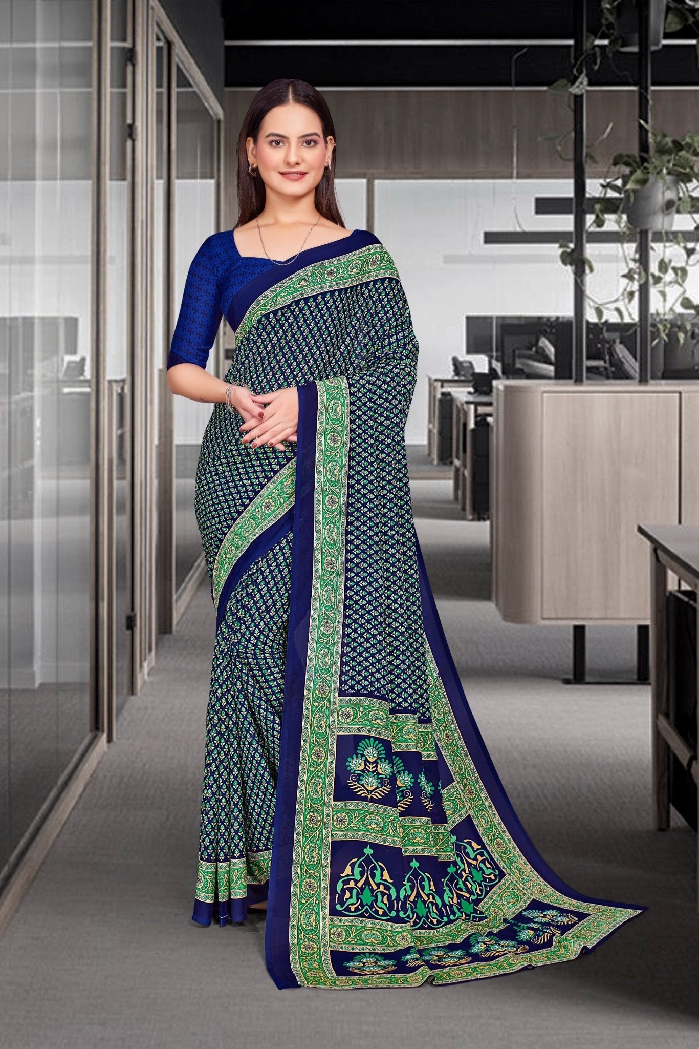 Blue Crepe Professional Office Saree - FeministaCrepe
