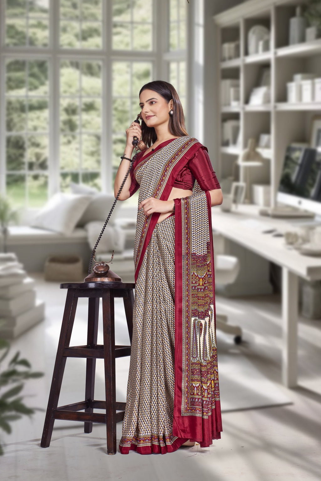 Maroon Crepe Professional Office Saree - FeministaCrepe
