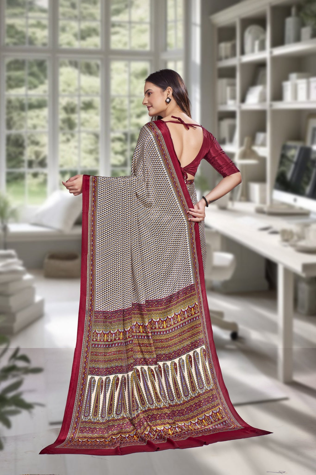 Maroon Crepe Professional Office Saree - FeministaCrepe