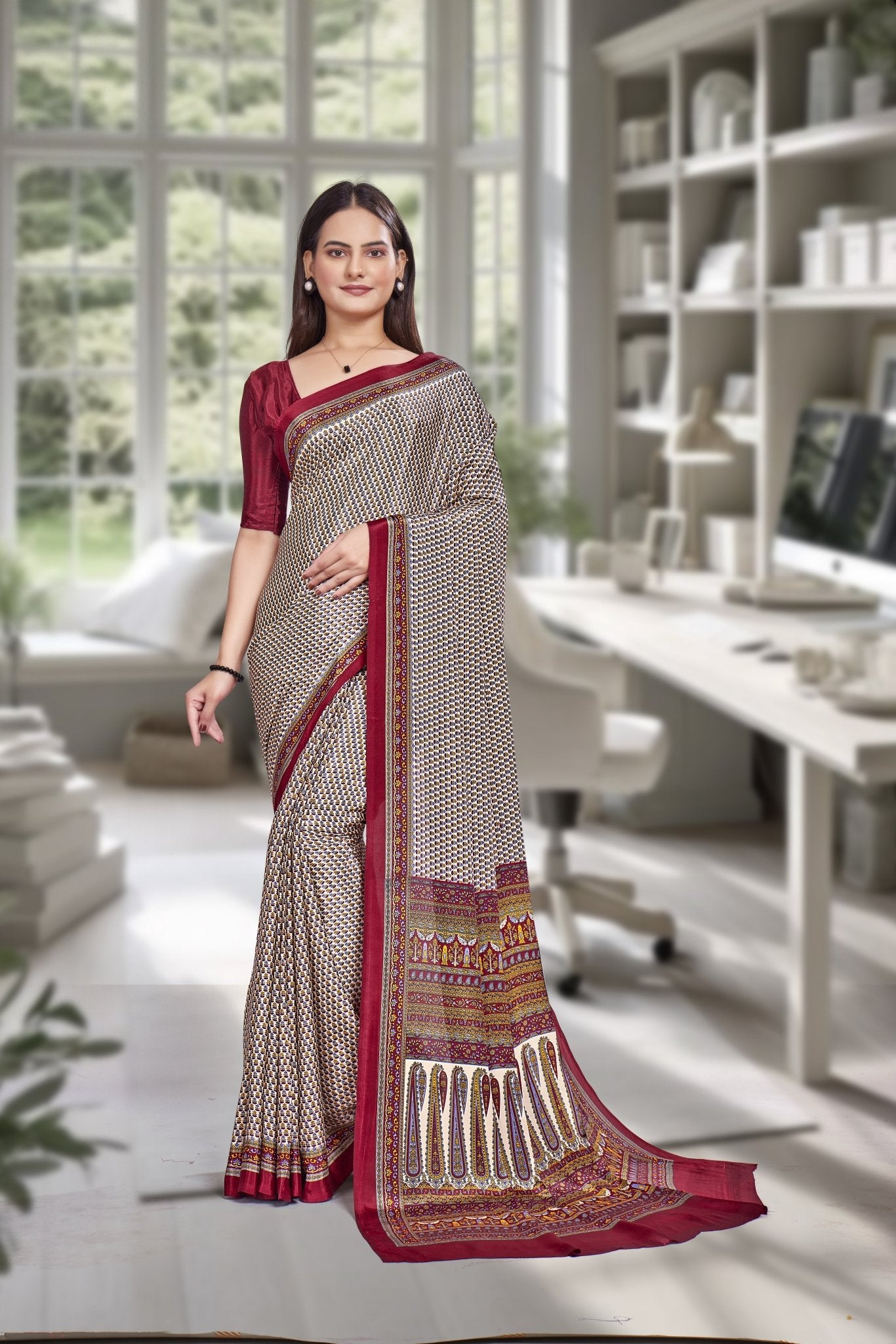 Maroon Crepe Professional Office Saree - FeministaCrepe