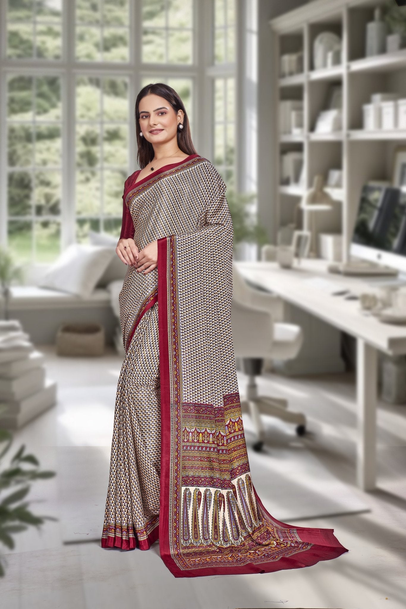 Maroon Crepe Professional Office Saree - FeministaCrepe