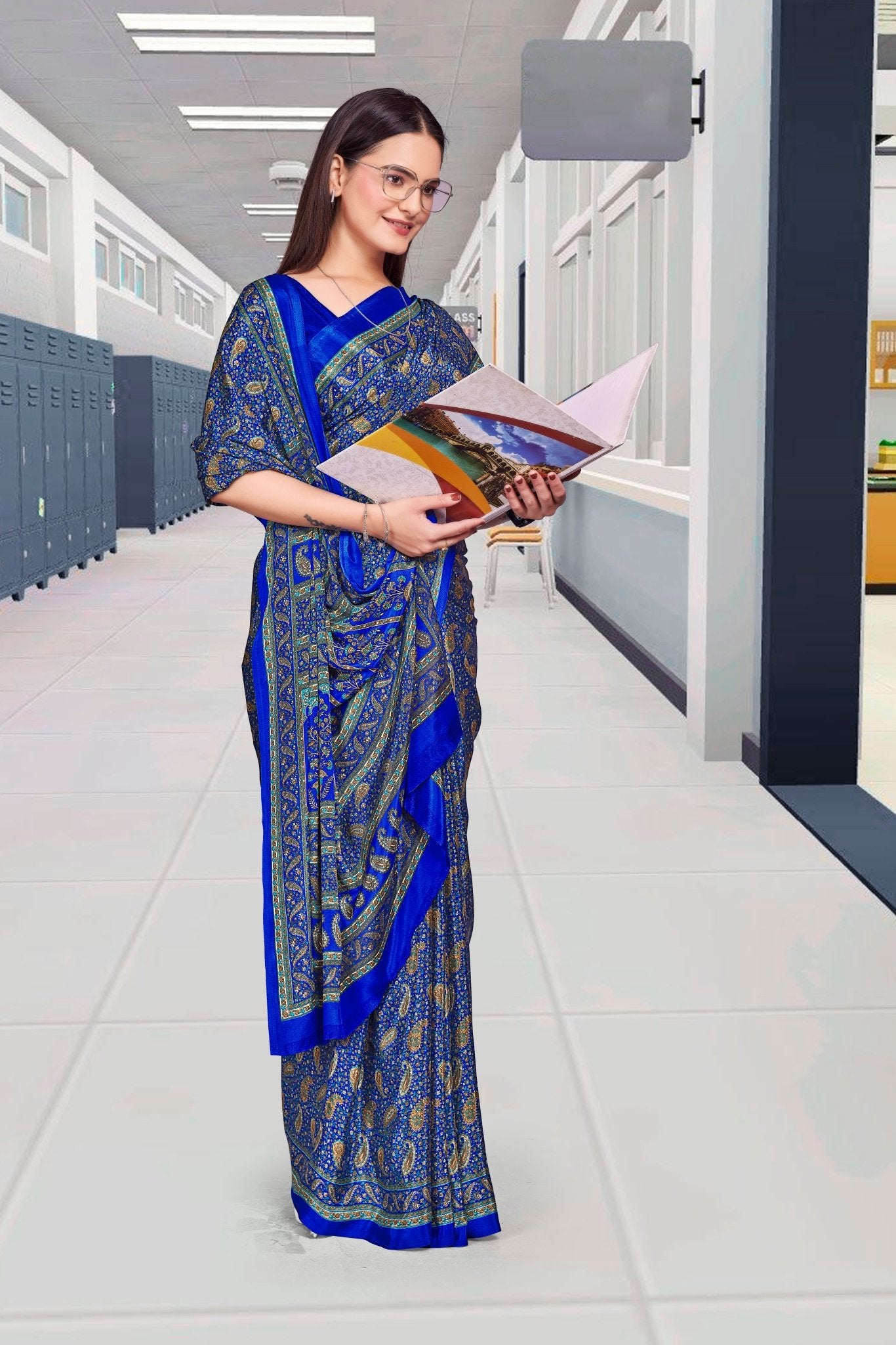 Blue Crepe Professional Office Saree - FeministaCrepe