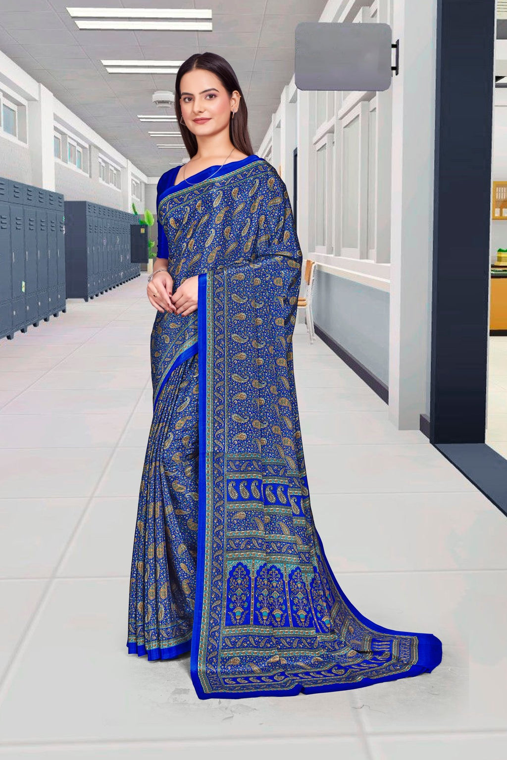 Blue Crepe Professional Office Saree - FeministaCrepe