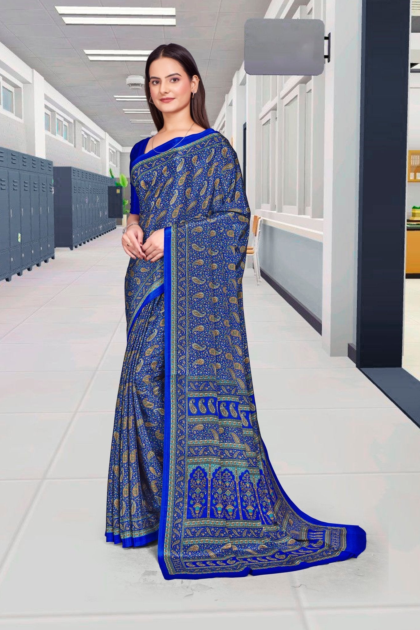 Blue Crepe Professional Office Saree - FeministaCrepe