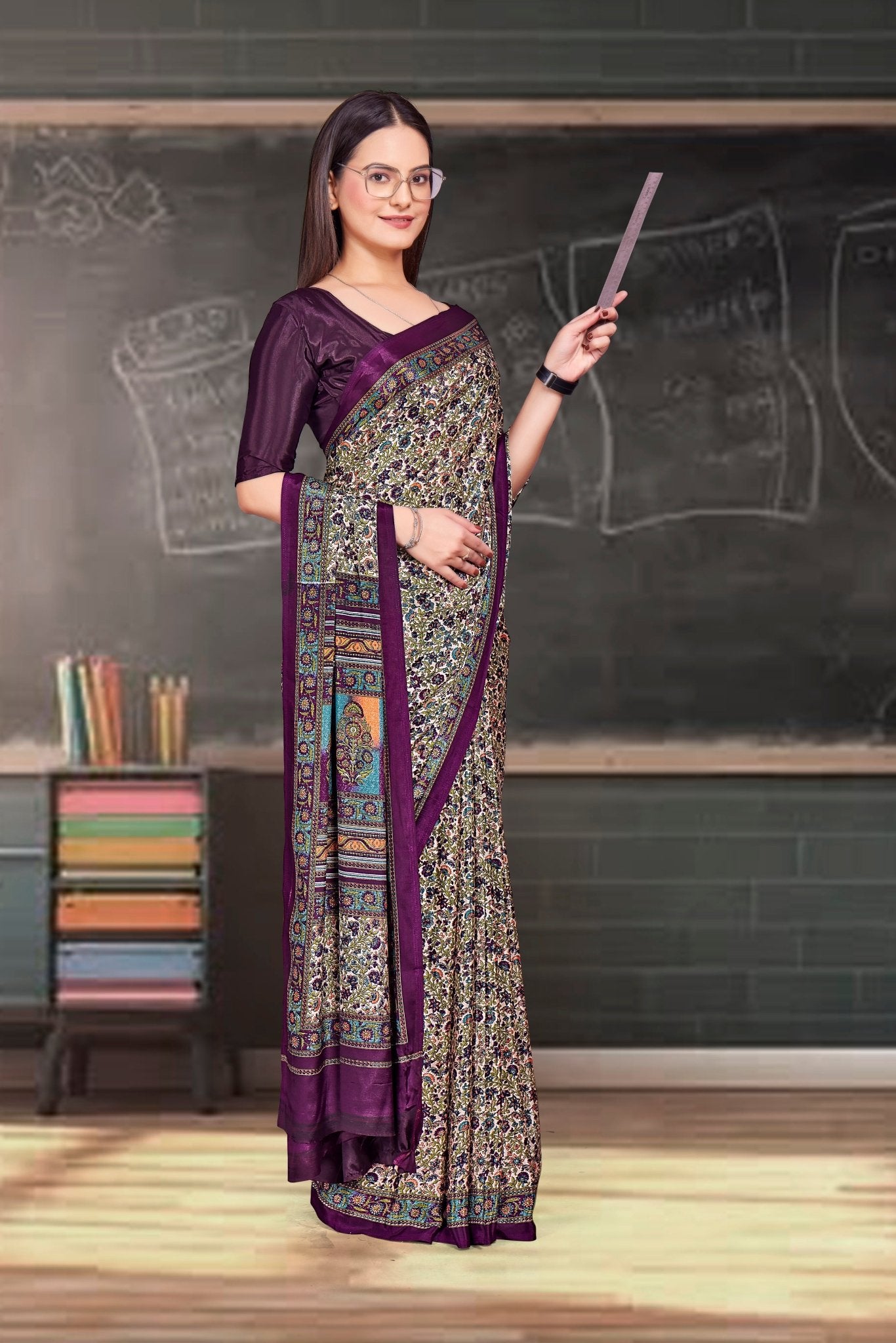 Purple Crepe Professional Office Saree - FeministaCrepe