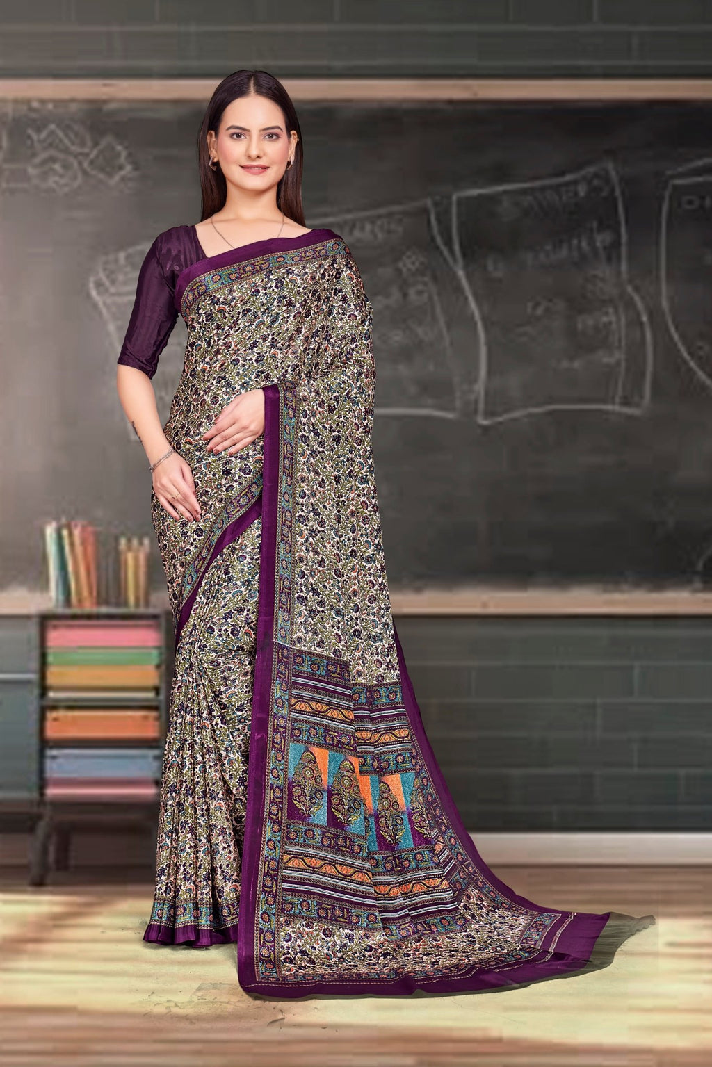 Purple Crepe Professional Office Saree - FeministaCrepe