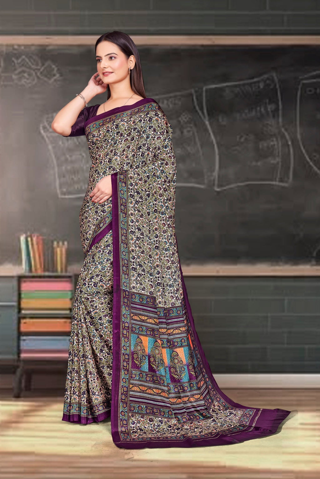 Purple Crepe Professional Office Saree - FeministaCrepe