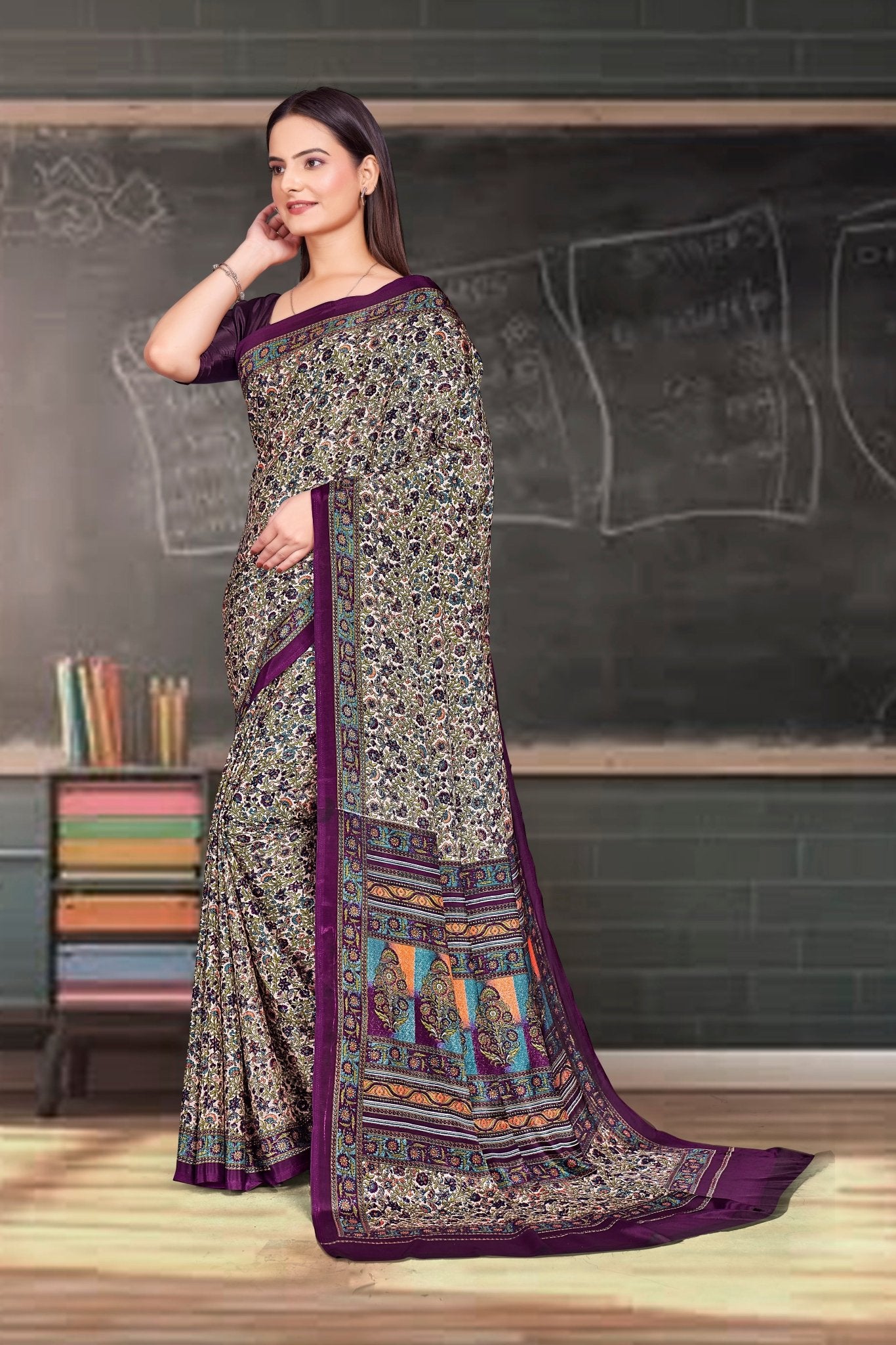 Purple Crepe Professional Office Saree - FeministaCrepe