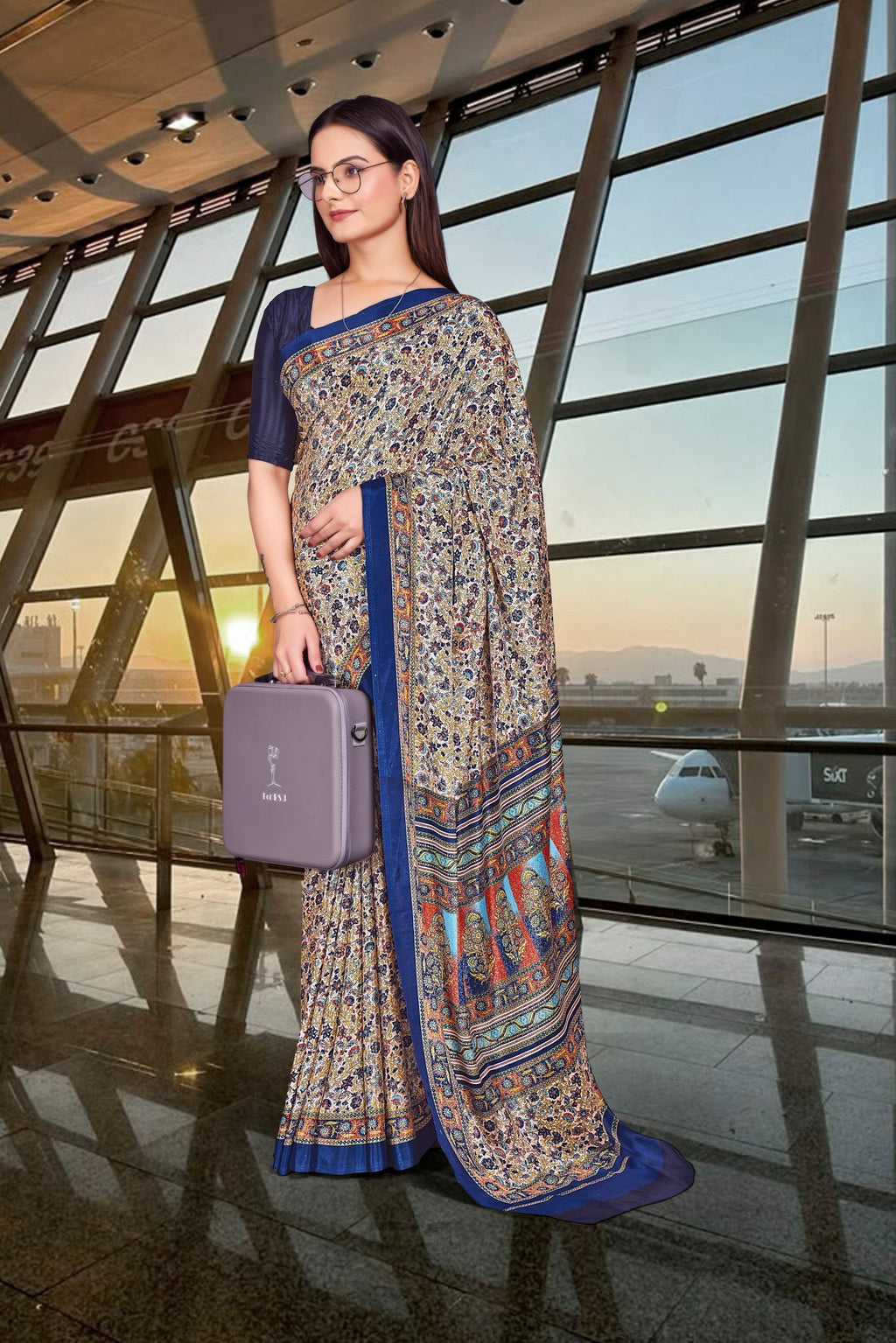 Blue Crepe Work Wear Saree for Teachers - FeministaCrepe