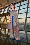 Blue Crepe Work Wear Saree for Teachers - FeministaCrepe
