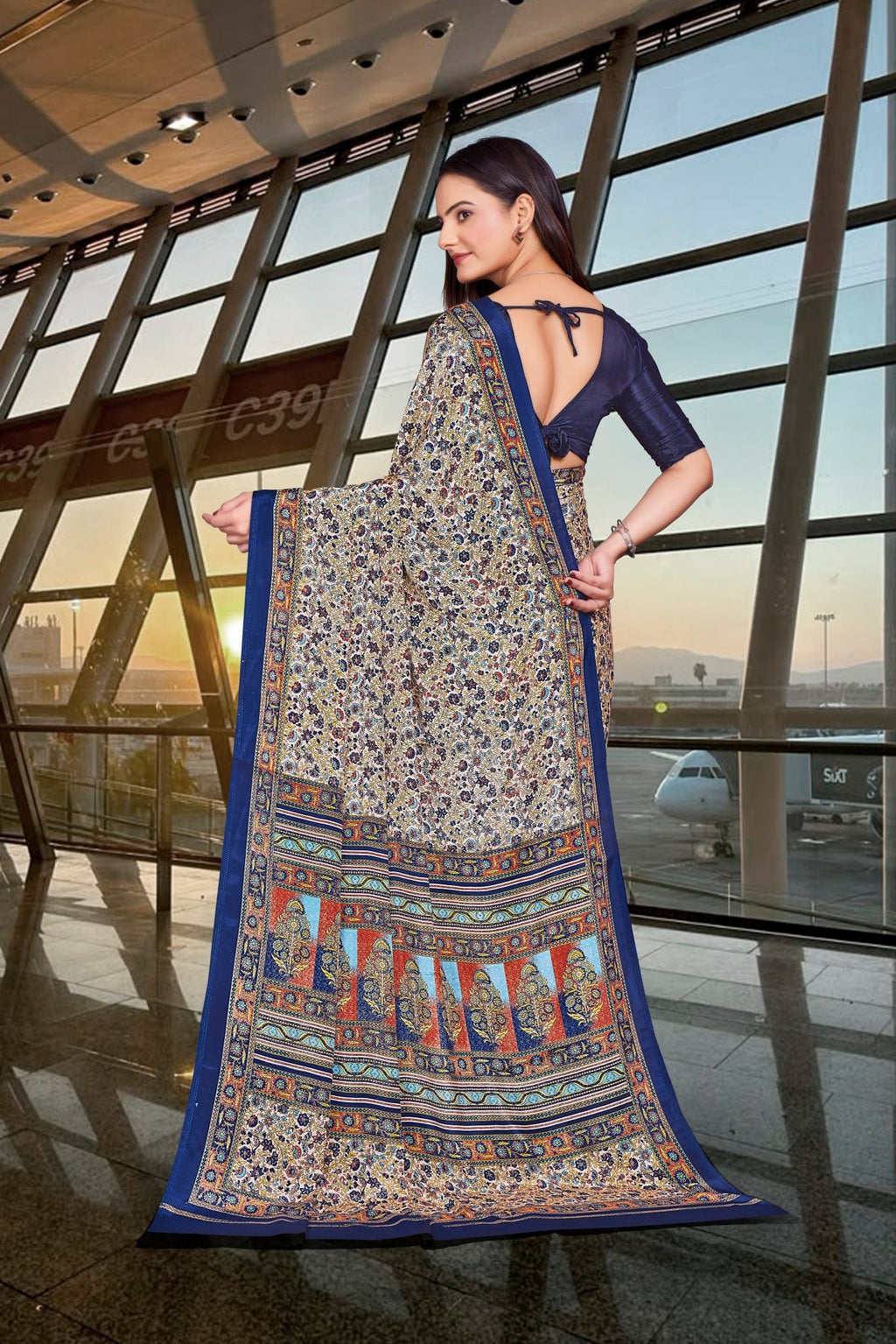 Blue Crepe Work Wear Saree for Teachers - FeministaCrepe