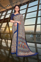 Blue Crepe Work Wear Saree for Teachers - FeministaCrepe
