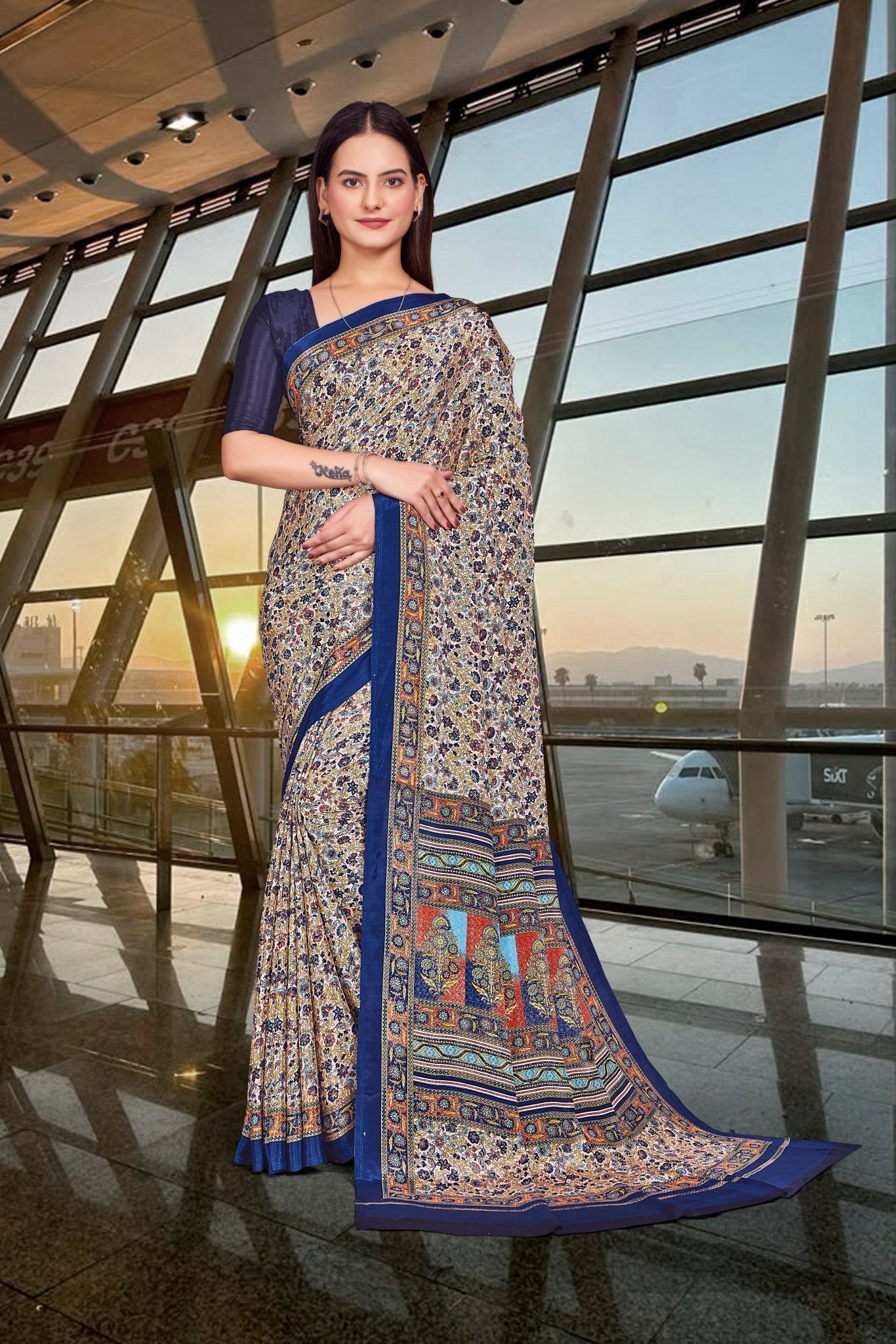 Blue Crepe Work Wear Saree for Teachers - FeministaCrepe