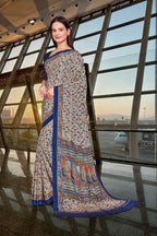 Blue Crepe Work Wear Saree for Teachers - FeministaCrepe