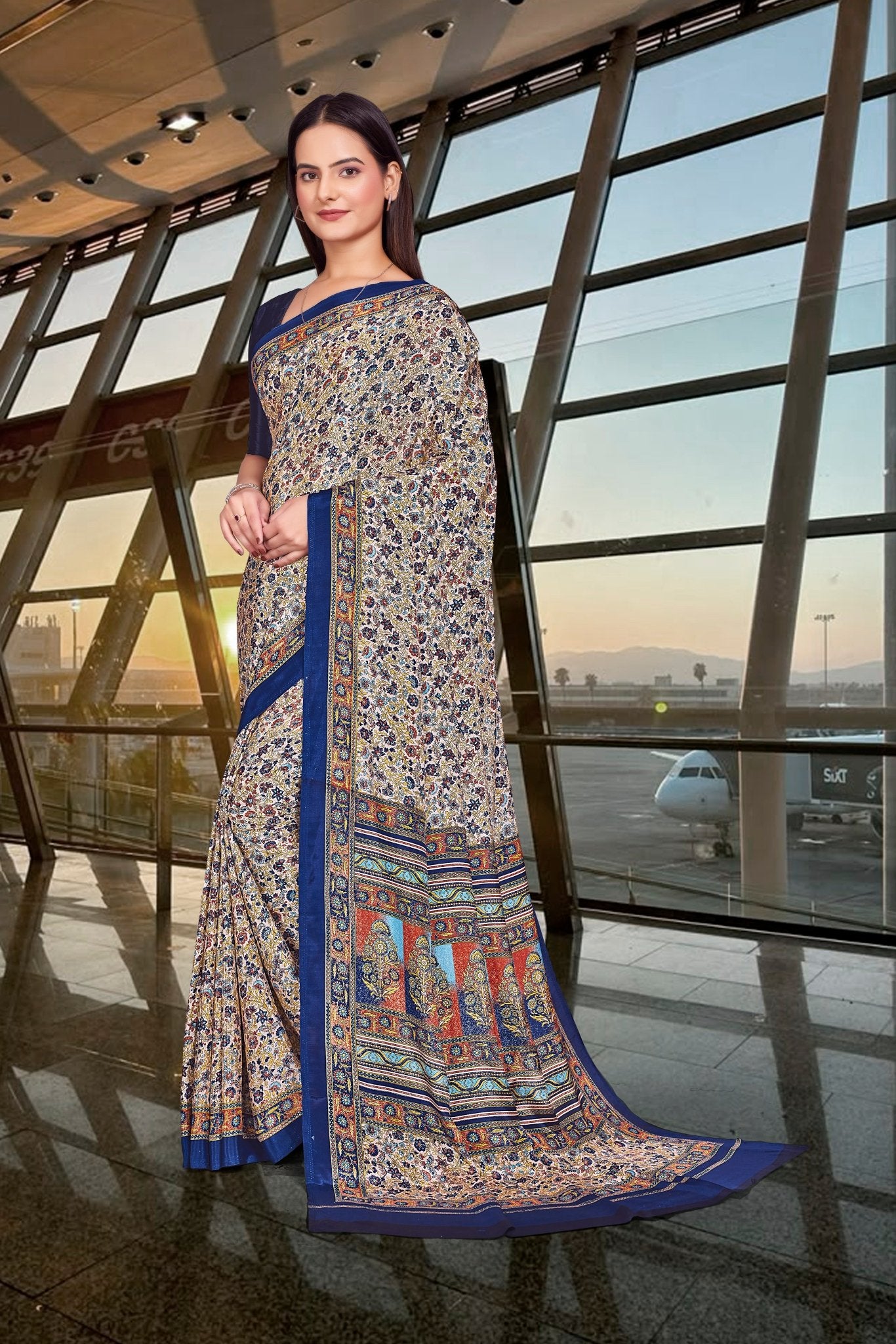 Blue Crepe Work Wear Saree for Teachers - FeministaCrepe