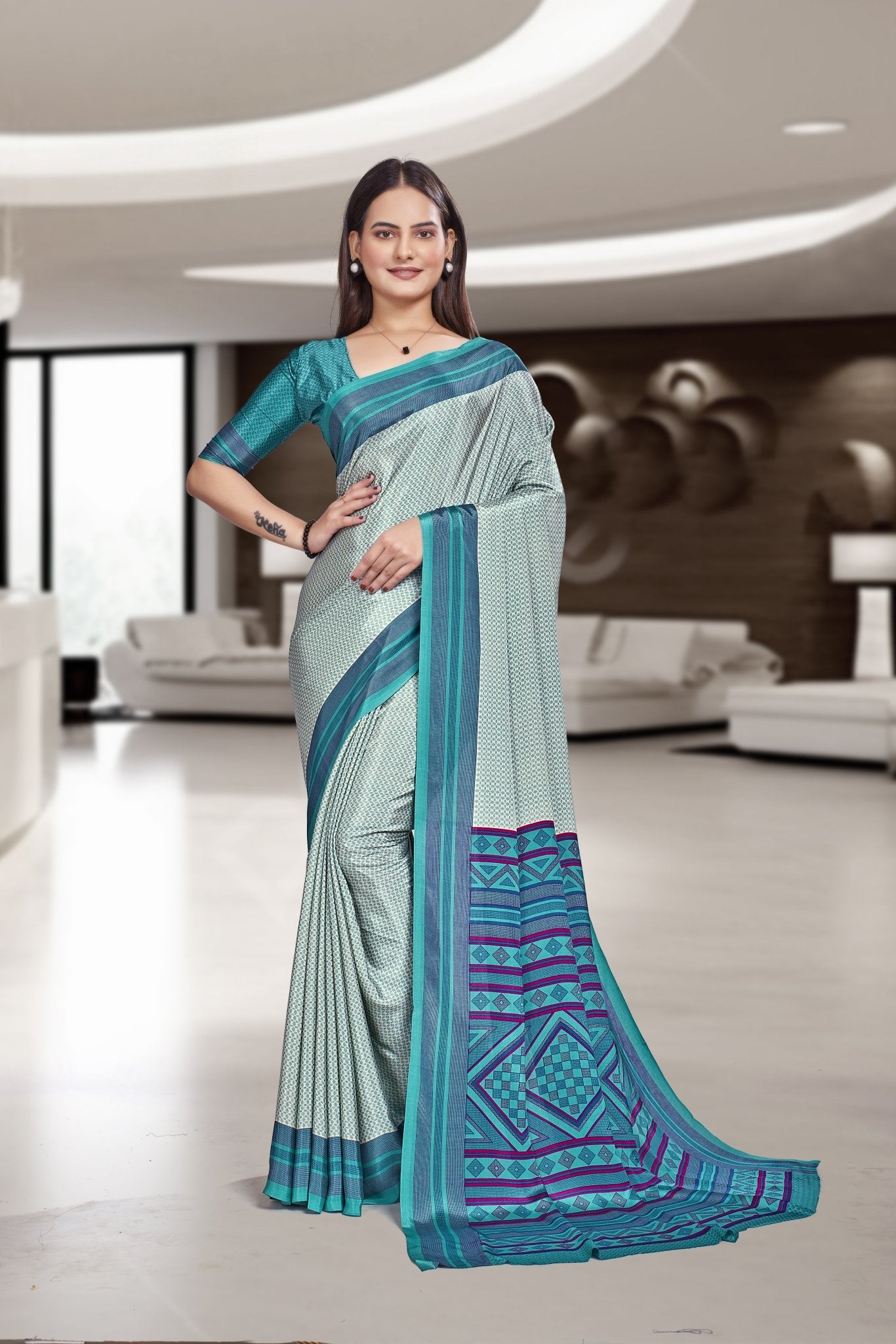 Blue Crepe Professional Teacher Saree - FeministaCrepe