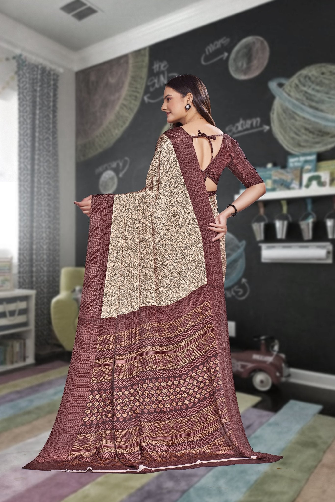 Beige Crepe Workplace Uniform Saree - FeministaCrepe