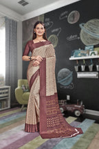 Beige Crepe Workplace Uniform Saree - FeministaCrepe