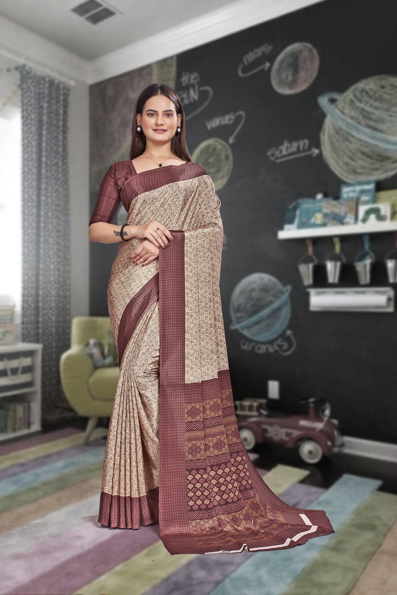 Beige Crepe Workplace Uniform Saree - FeministaCrepe